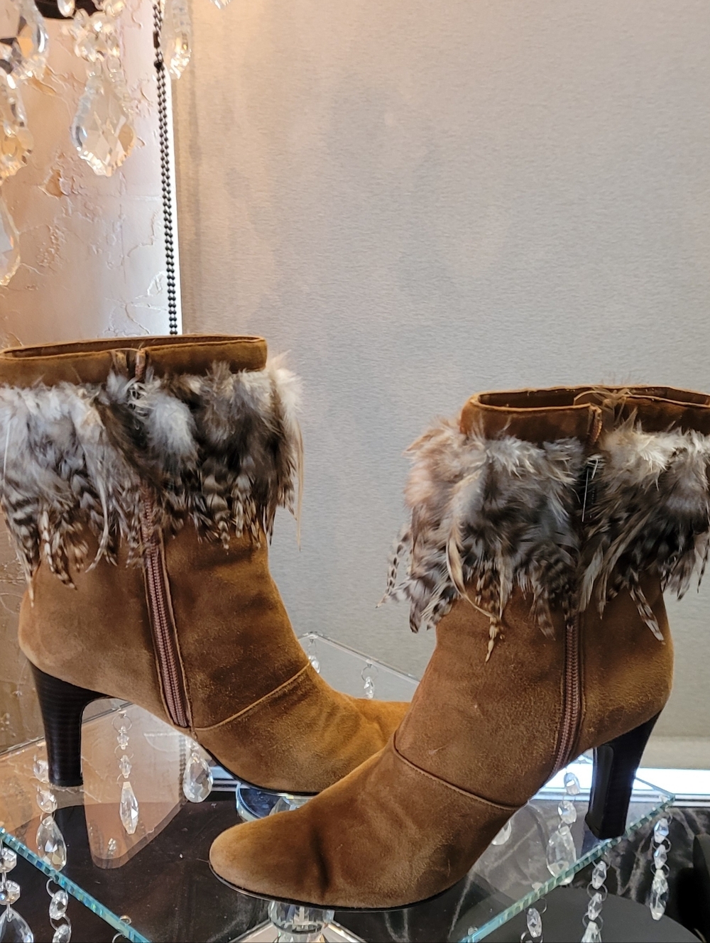 Suede Ankle Boots with Multicolor Feather Trim - Chestnut Tan. Vintage Size 7